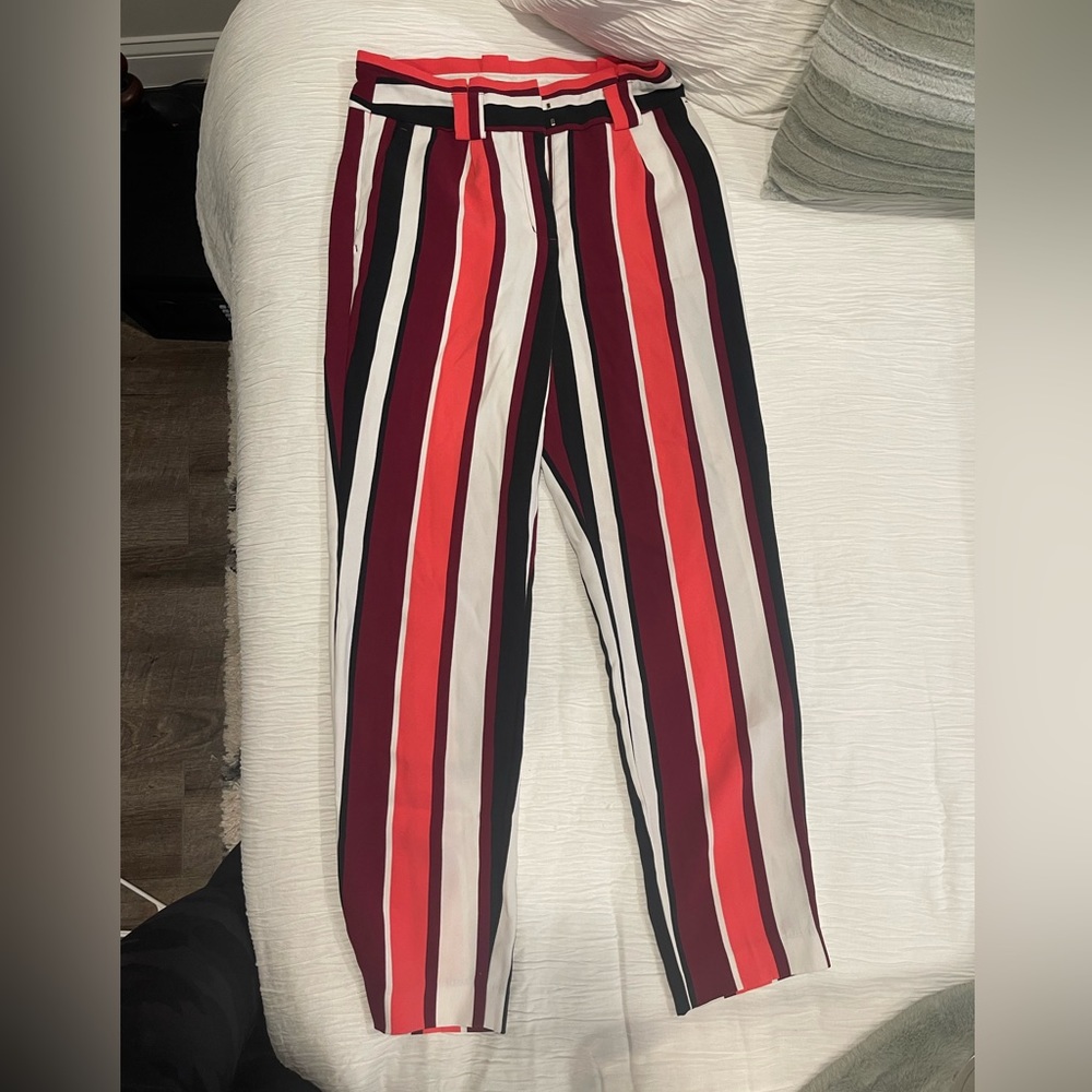 Express Striped Ankle High Rise Work Pants with belt